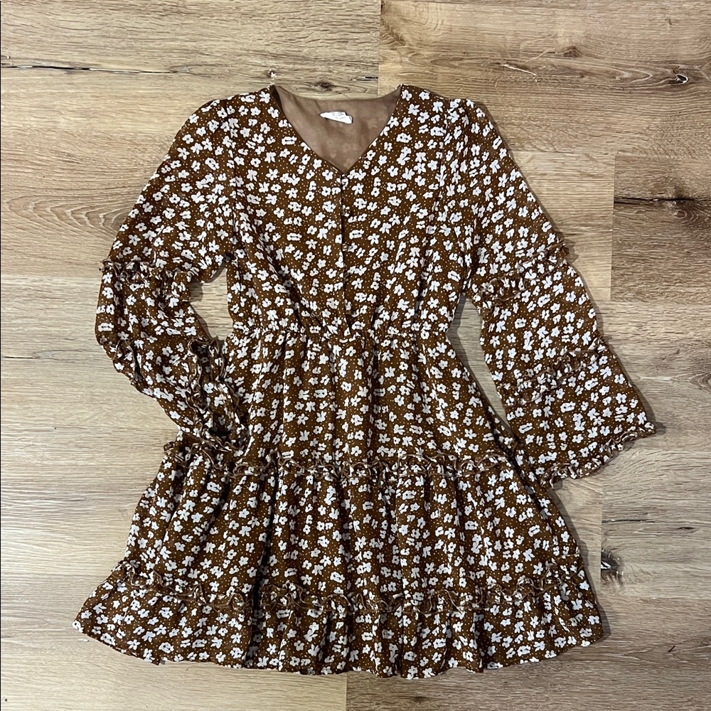 Hayden Girls Brown Floral Tiered Dress with White Print
